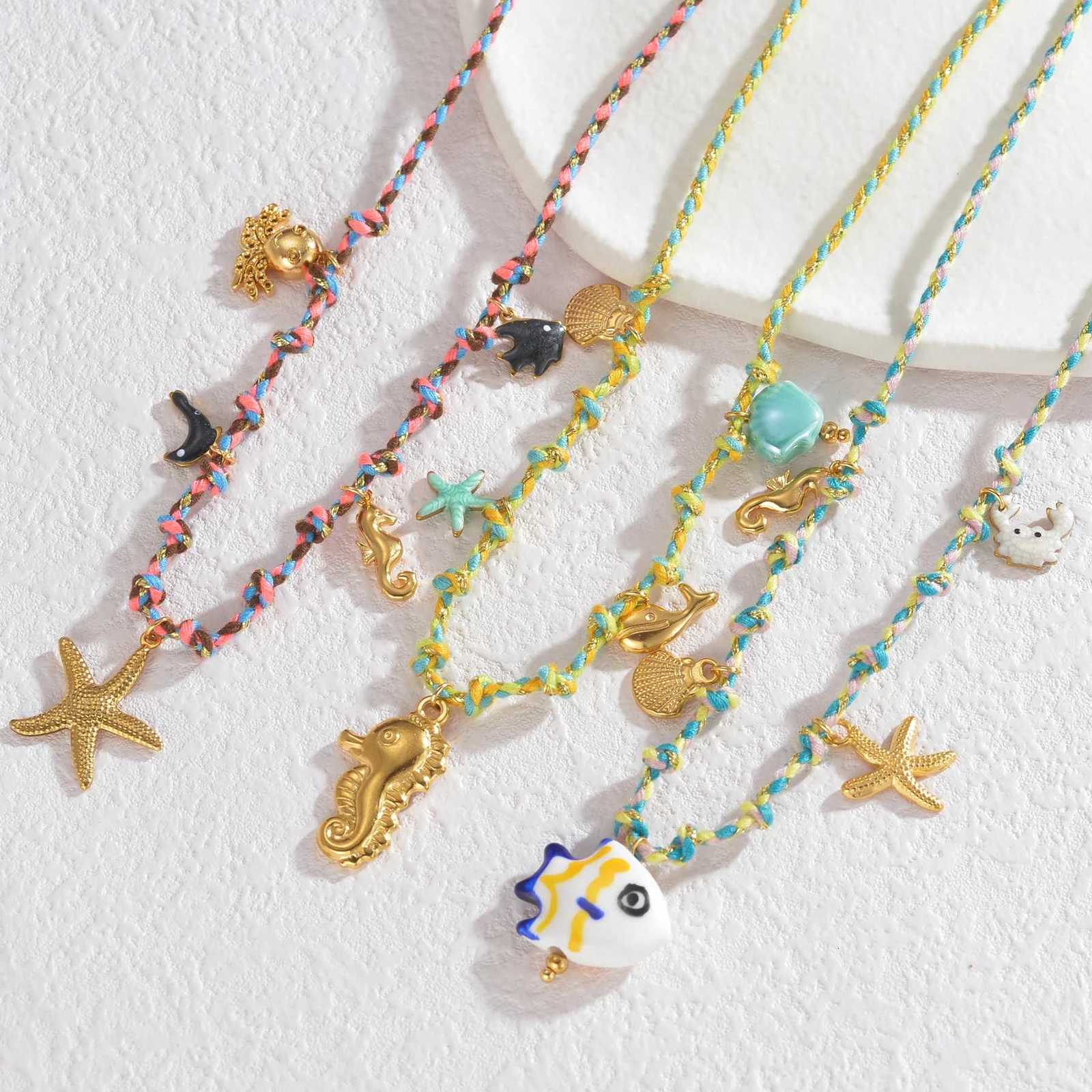 Bohemian Multi-Style Sea Life Pendant Braided Cord Necklace For Women Elegant Delicate Stainless Steel Daily Beach Jewelry GiftsXJ250816