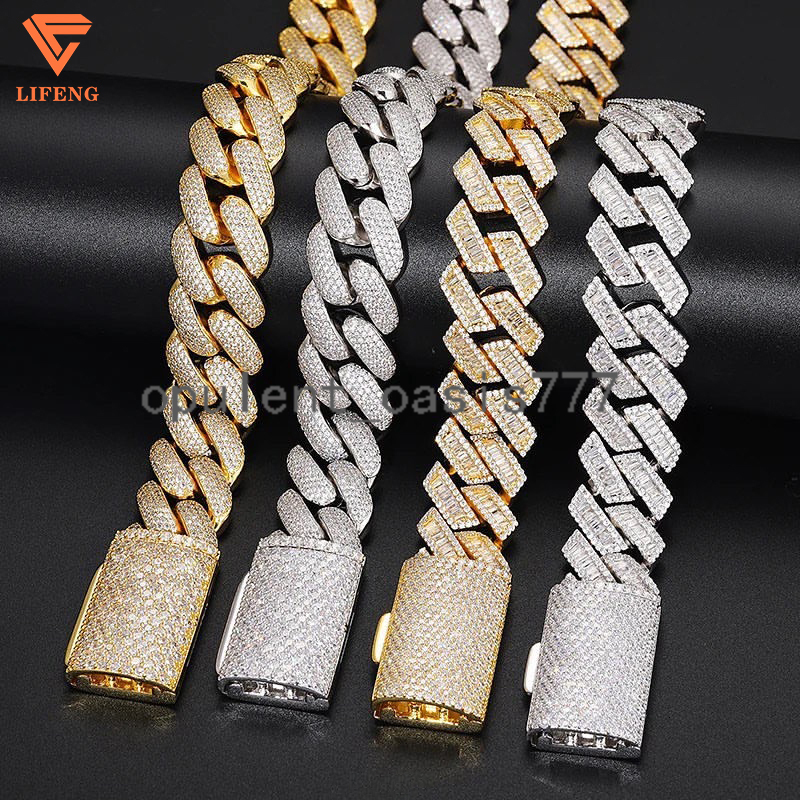 New Fashion 15MM Hip Hop Cuban Link Chain Men Necklace Popular 925 Silver Iced VVS Moissanite Baguette Diamonds Popular