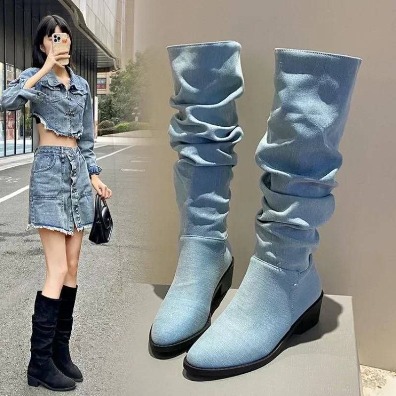 Chaussures Feme Feme Fashion Sleeve Bottes Bottes Femmes Automne Point Point Toe Denim Solid High Tube Chunky Talons de grande taille Western Boo