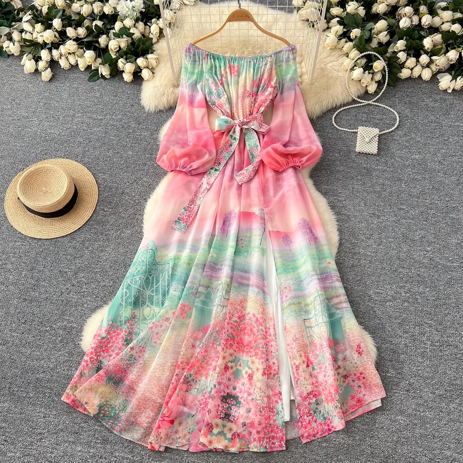 Fêtes d'été Magnifique fleur longues robes femmes élégantes au large de l'épaule Lantern Sash Boho Mariffon Party Vestidos 250808