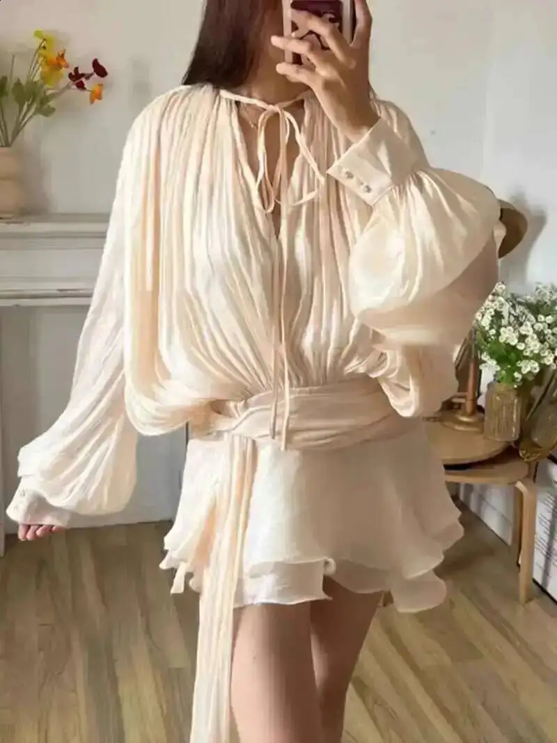 Beige Top Solid Blouse Mini Dresses For Women V Neck Long Sleeve Spliced Lace Up Sweet Style Dress Female Clothing Fashion P7WI 250815