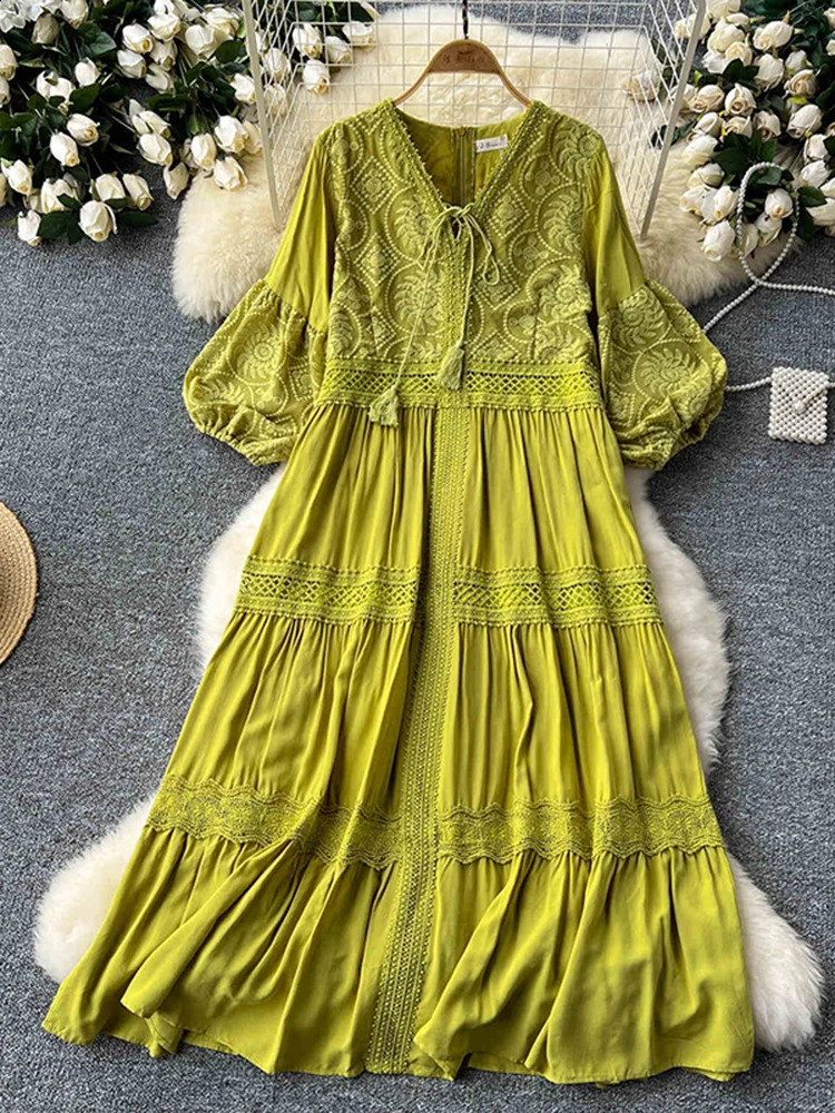 Robe patchwork rétro d'été pour femmes Sweet V-Neck Lantern Manches Large A-Line Longue Vacation Robe de plage D05 250808