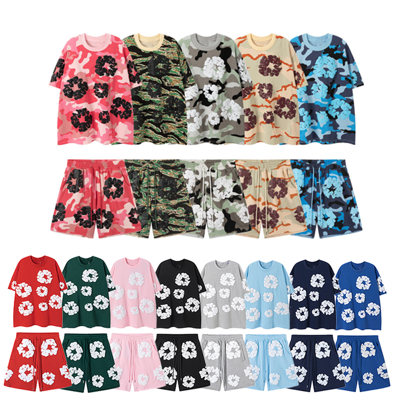 2025 Men's T-Shirts Designer T Shirt Men Womens Camouflage Denim Foam Floral Embroidery Loose Casual T-shirt Shorts Hip Hop Streetwear Cloth-image-899464166
