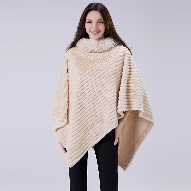 A Hand-Stitched Solid Color Chenille Fur Collar Knitted Cape for Women Autumn and Winter Large Size Pullover Shawl 250812
