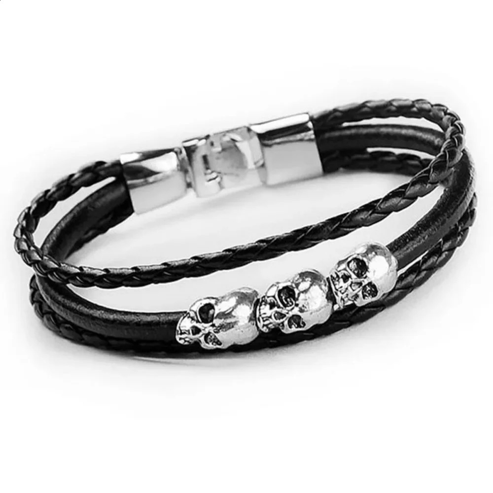 Vintage Domineering Fashion Cool Skull Leather Bracelet Men Punk Hip Hop Rock Gothic Braided Multilayer Bracelet GiftAccessories 250812