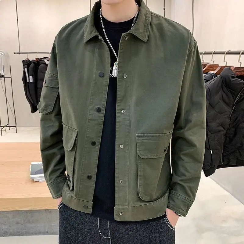 Mens Casual Jacket Spring Autumn Button Lapel Work Coat Solid Color Multi-pocket Tops Men Fashion High Quality 250811