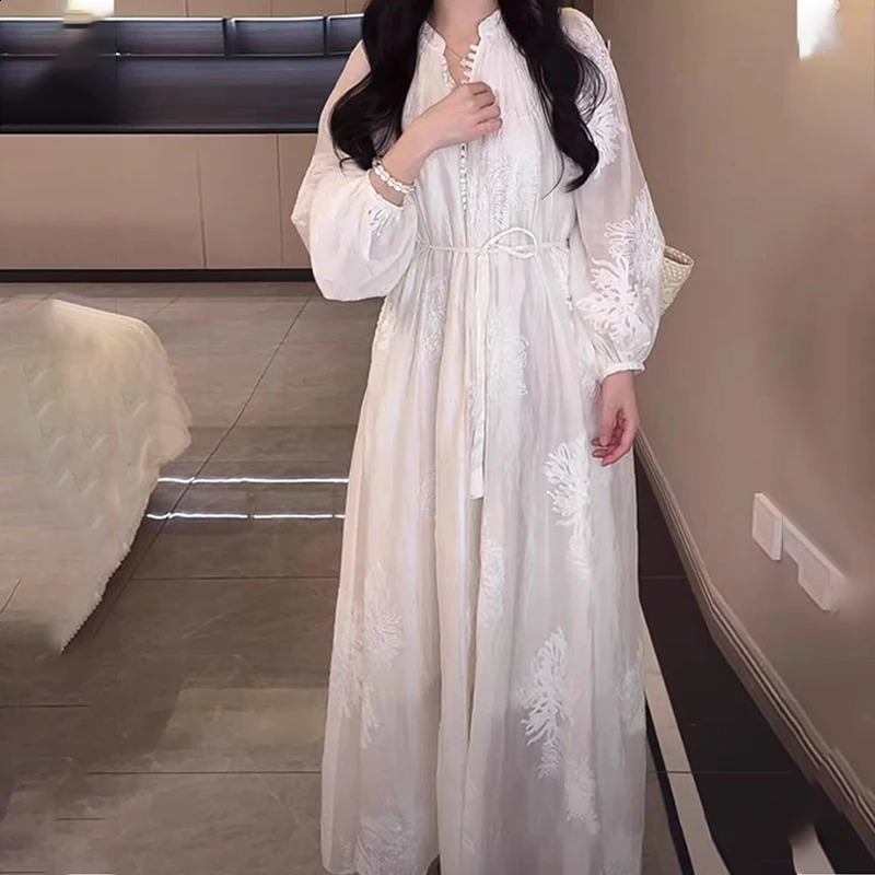 Elegant Flower Embroidery White Maxi Dress Women Stylish Button Lantern Long Sleeve Lace Up Dress Casual Loose Holiday Vestido 250808