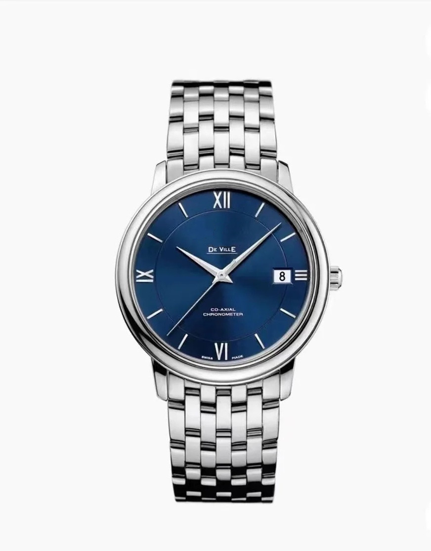 Swiss-made men's automatic mechanical stainless steel large dial watch with blue hour hand and calendar display
