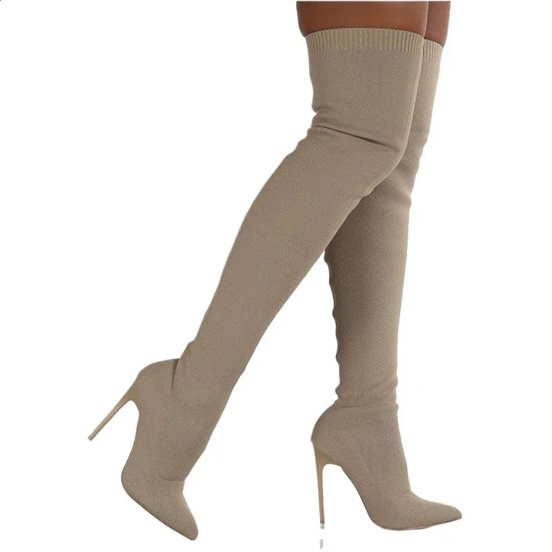Long Boots for Women Sexy Pointed Thin High-heeled Over-the-knee Knitted Stretch Botas Autumn Womens Black Beige Socks Boot 250815