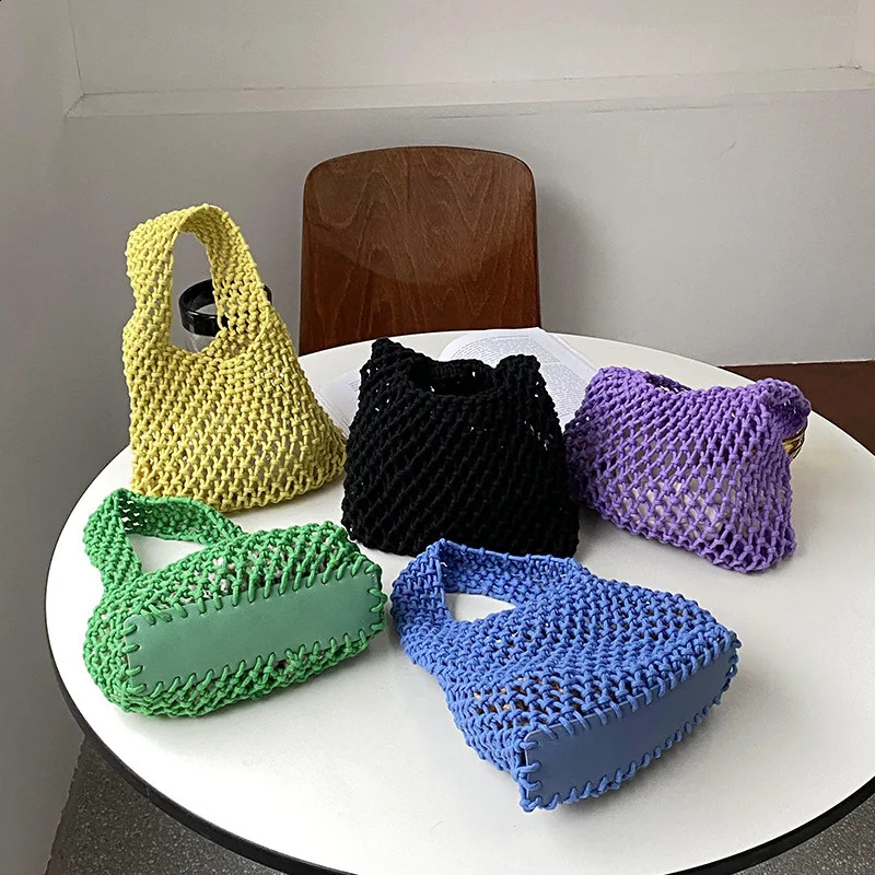 Crochet Handbags for Women Cotton Rope Knit Bag Hollow Out Straw Bag Drawstring Woven Beach Bags Vacation Fishnet Korea Summer 250811