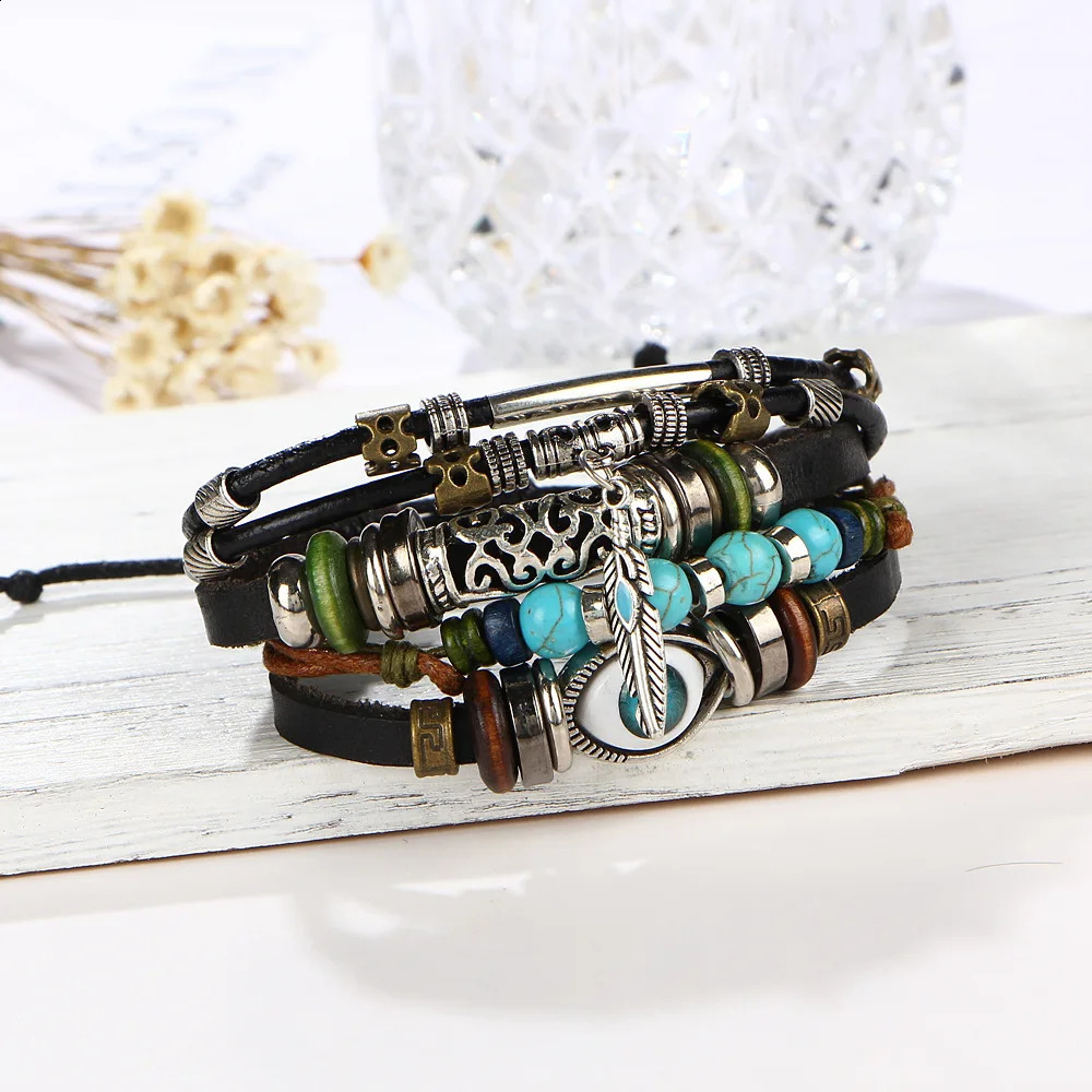 Boho Stone Feather Bracelets en cuir multicouche