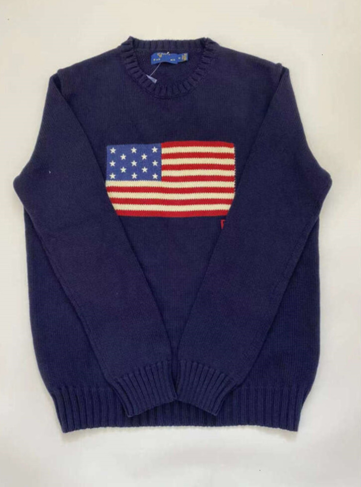 Crew-neck Flag Polo Clothes Mens Navy Blue Knitted Sweate Round Neck Cotton Loose Retro Fashion Casual High Quality All Kinds fjcx