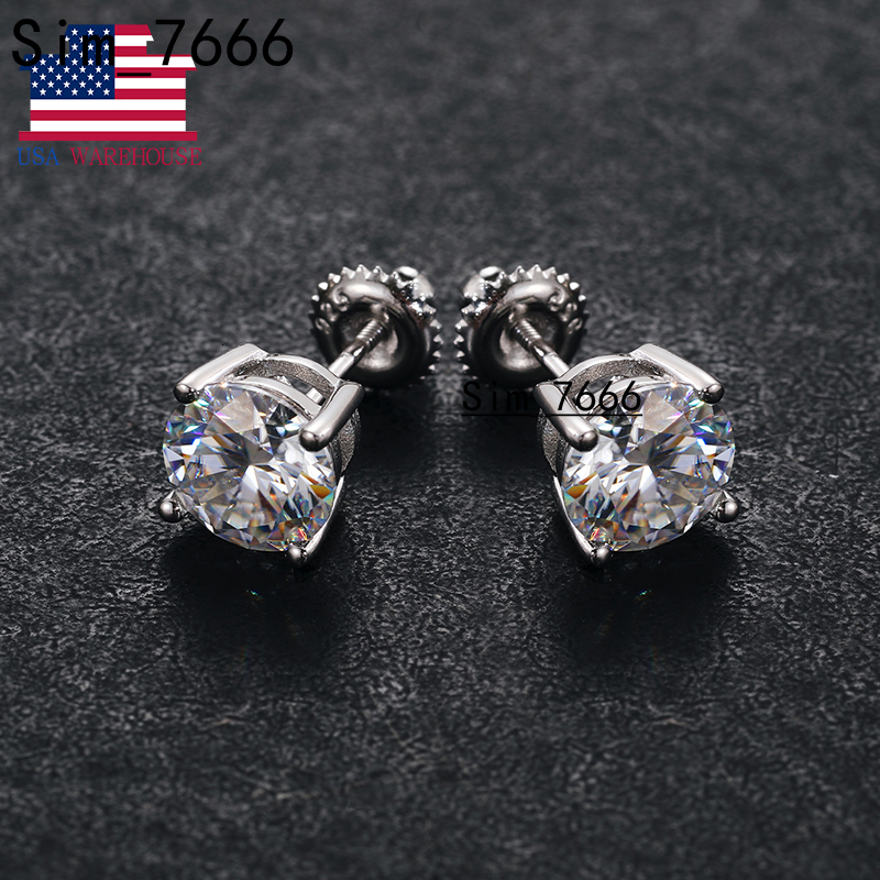 Local US Stock Luxury 7.5mm 1.5ct Women White Gold Plated 925 Sterling Silver VVS Moissanite Stud Earrings