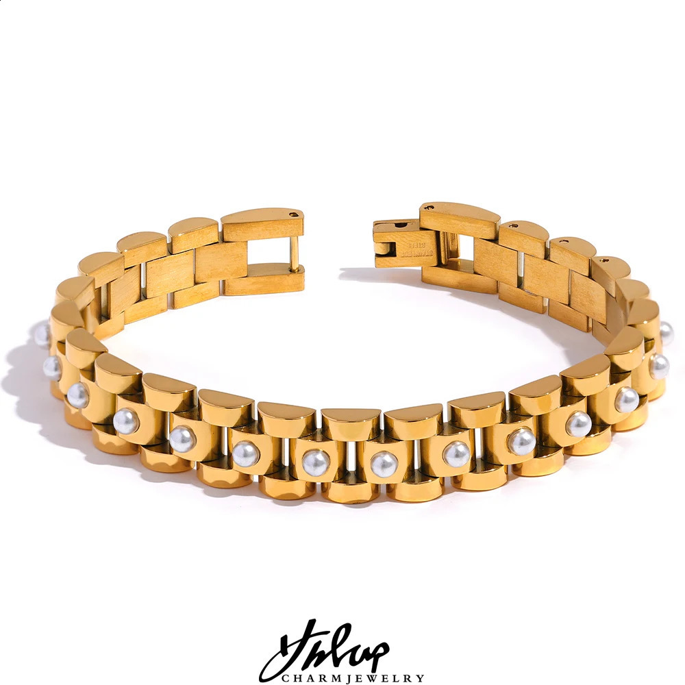 YHPUP 18cm Imitation en acier inoxydable Perls PVD Gold plaqué épais Chaîne cubaine charme bracelet Bracelet Bijoux de mode WOM 250814
