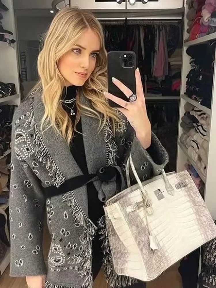 Boho Inspired Womens elegant Belt cashmere cardigan women High quality Wool Tassels jacquard grey knit cardigan long oversized M260801