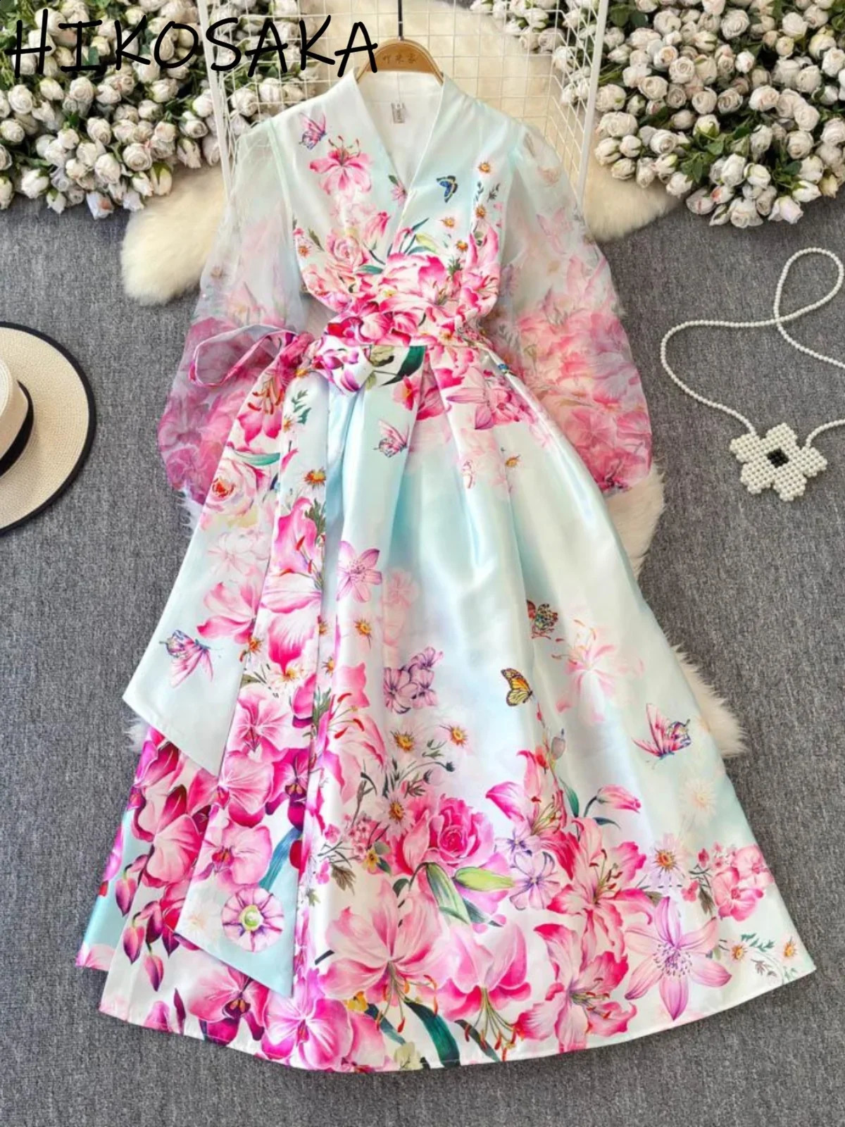 Robe imprimée de mode européenne Femme 2025 Slim Taist Lantern Temperament Swing Robes Swing Gauze Splicing Vestidos 250808