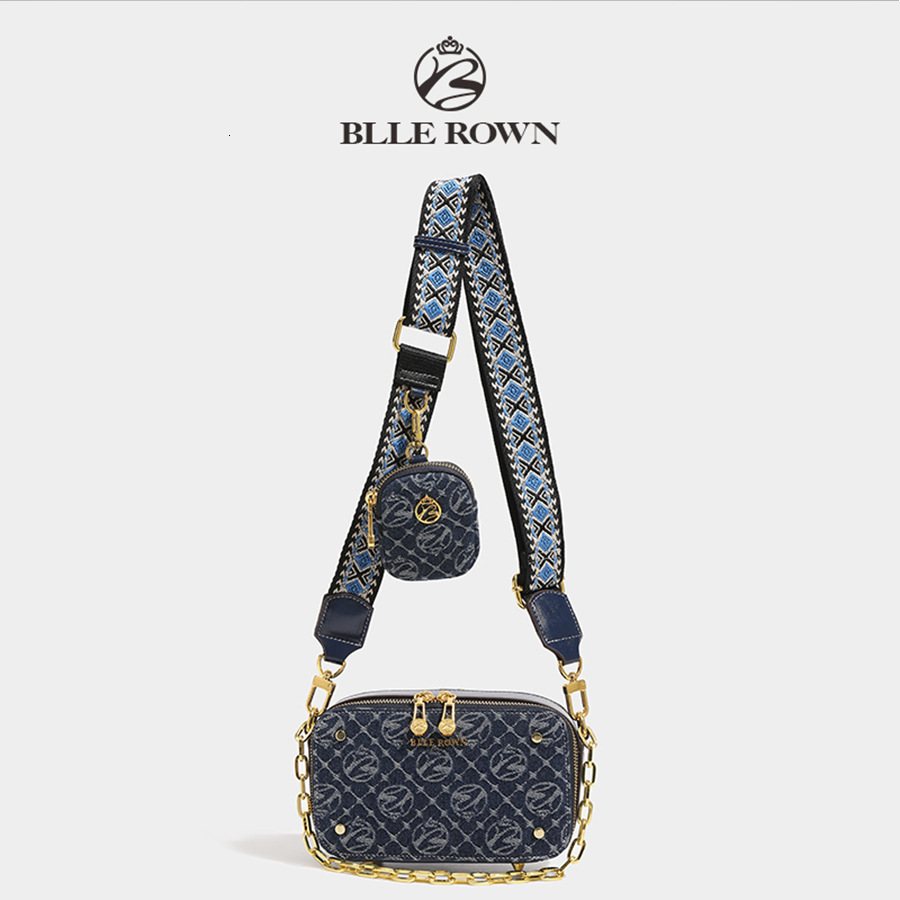 BLLE ROWN Women's Chinese Style Embroidered Shoulder Bag, Tie-Dye Soft Denim Half-Moon Handbag - Small 20-30 cm, Chain Detail, Single Shoulder St