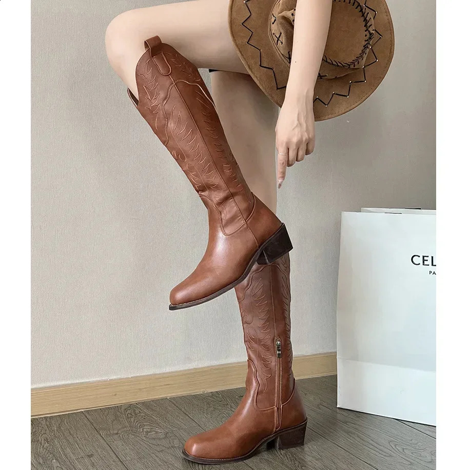 Womens Brown Long Boots Autumn Retro Style Embroidered Western Cowboy Boots Square Toe Thick Heel Knee-length Boots Botas Mujer 250815