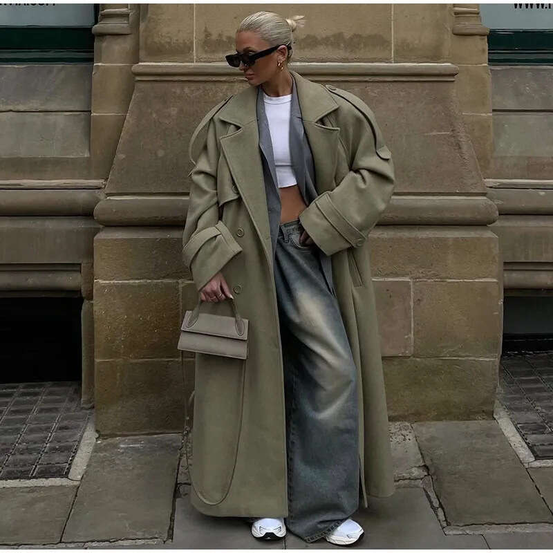 Elegant Women's Woolen Overcoat With Belt Street Lapel Double Breasted Full Sleeve Long Coat 2025 Autumn Lady Loose Outwear New