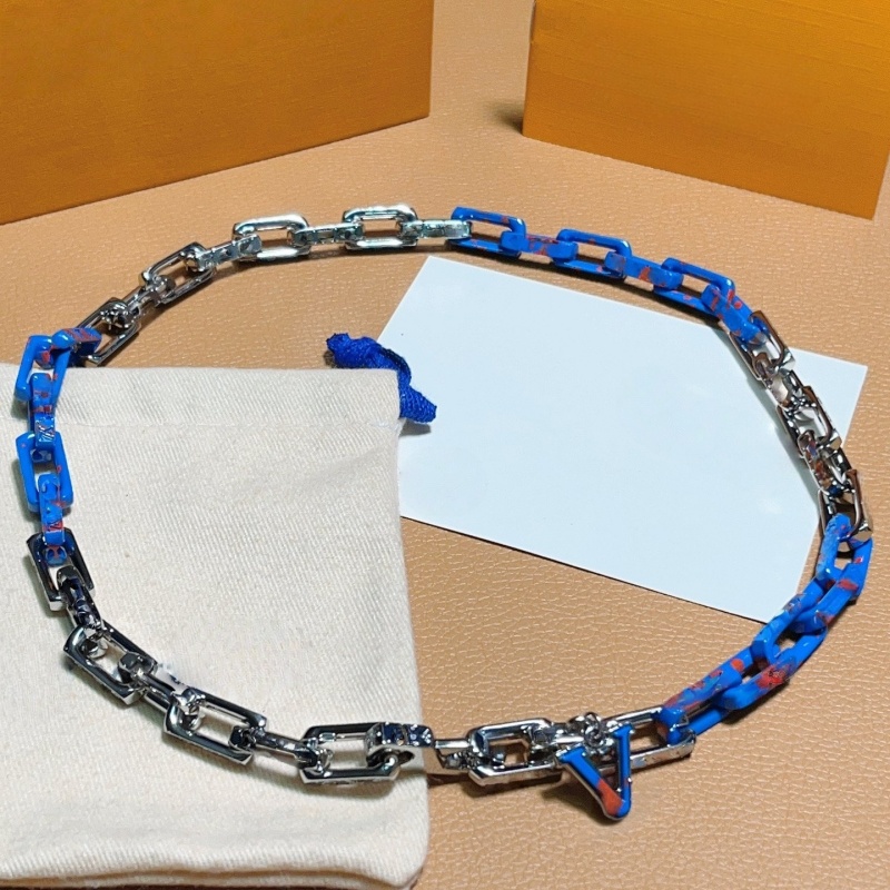 Designer Necklace Men Silver Blue Cuban Chain Bamboo Necklace Titanium Steel Hip Hop Jewelry With Box