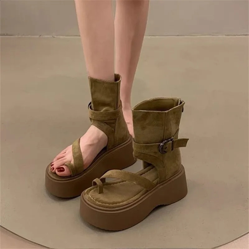 Retro Thick Heel Roman Booties Womens Fashion Toe Cover High Top Sandals Heightening Zipper Short Boots Summer Women Shoes 40 250815