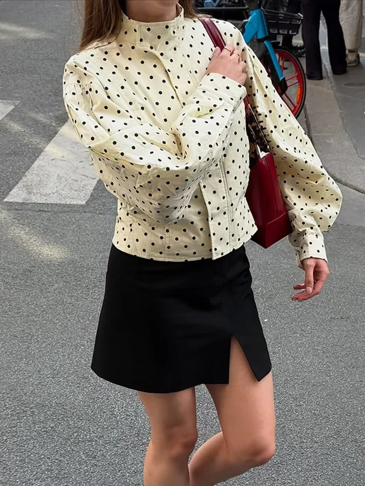 Polka Dot Stand Neck Short Jackets Women Fashion Long Sleeve Patchwork Contrast Slim Coats Casual Lady Street Commute Outerwear 250811