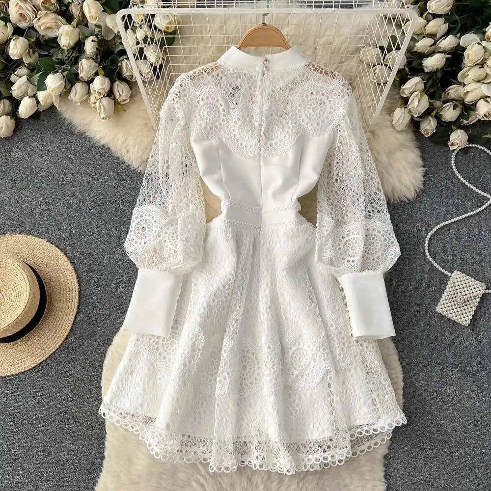 Broderie de fleurs vintage creuse en dentelle blanche robe femme saut collier long lanterne noutons perles de perles vestidos 250808