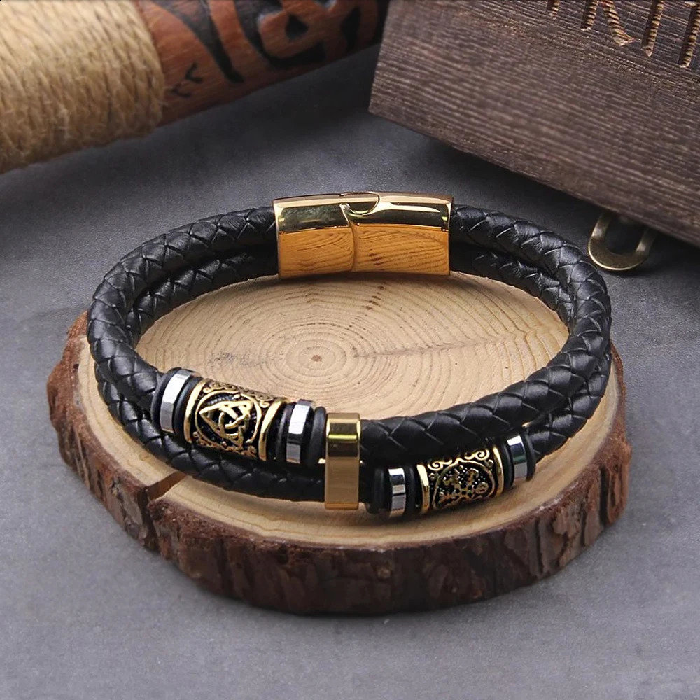 Punk Men Vikings Style Genuine Leather Bracelet Braided Multilayer Stainless Steel Norse Runes Bead Bangles Couple Jewelry Gift 250812