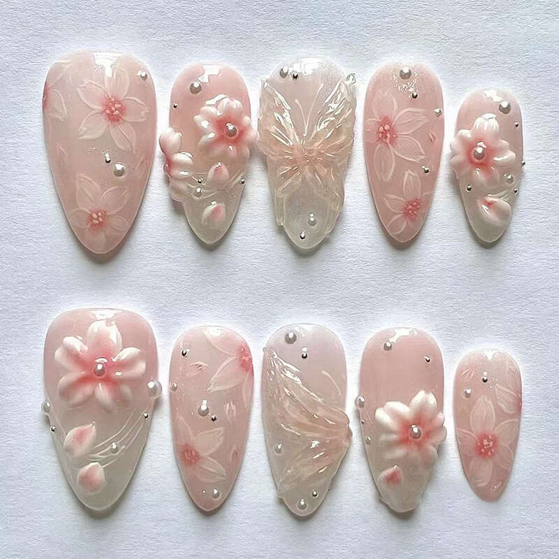 24Pcs False Nails Press On Nail 3D Ice Flower Line Gradient Elegant Sweet Versatile Ins Style Detachable Wearable Nails X250817