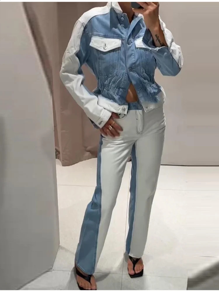 Womens Fashion Patchwork Jeans Pants Sets Casual Lapel Button Waist Jacket Straight Trouser Lady Autumn Chic Streetwear Outfits 250813