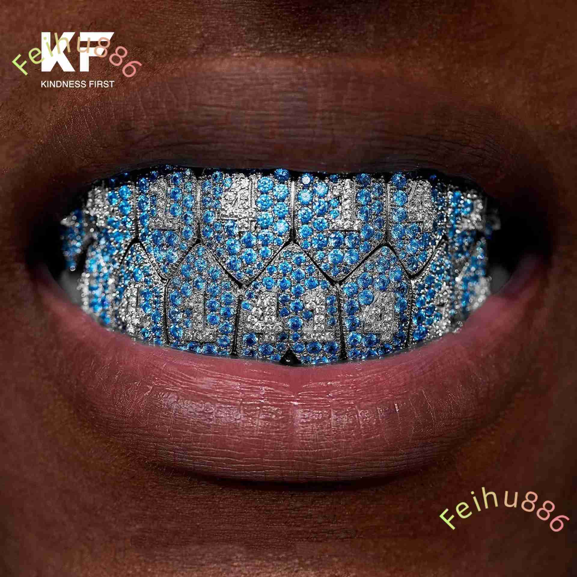 Hip Hop Custom Teeth 925 Sterling Silver Blue Gemstone Top 8 and Bottom 8 Moissanite Number Diamond Grillz Iced Out for Men