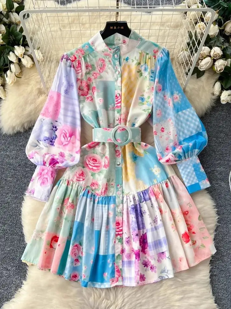 Printemps Summer Magnifique fleur mini robes Femmes Collier debout