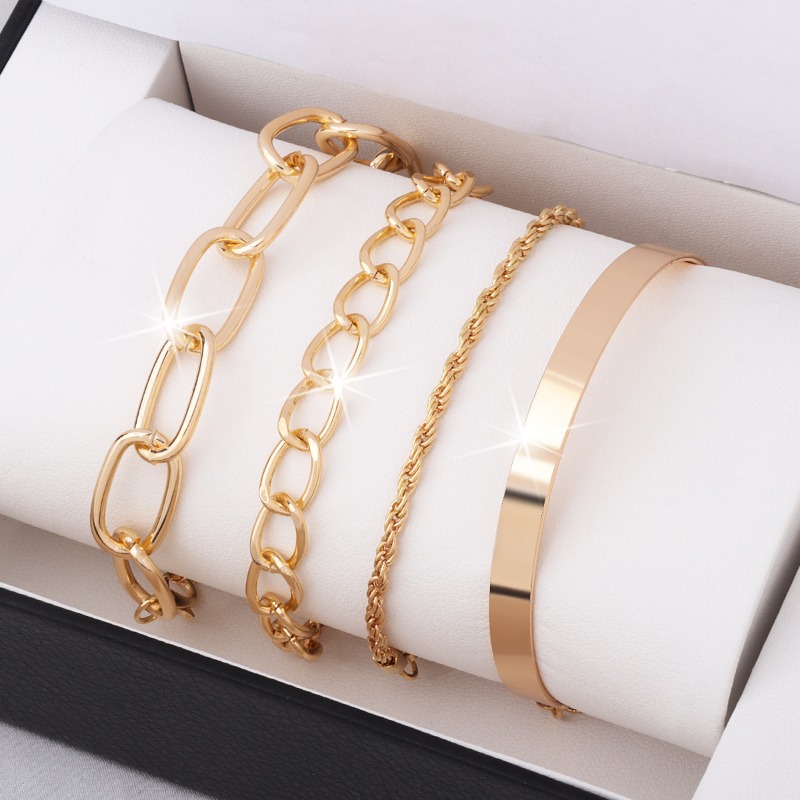 Gold Silver Hip Hop Cuban Bracelet Punk Metal Mirror Fried Dough Twists Chain Bracelet Four Piece Fashion Jewelry Set