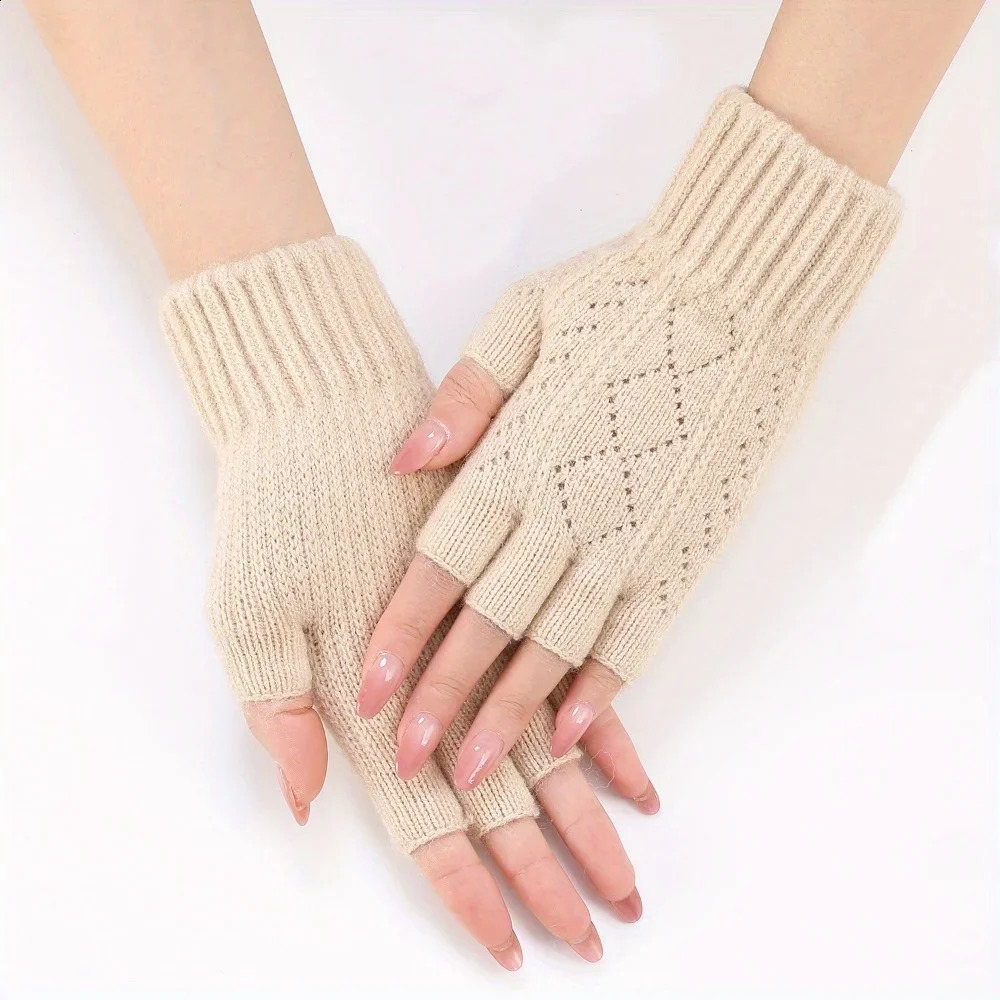 Mink Fleece Soft Winter Half Finger Glove Warm Solid White Plush Knitted Fingerless Gloves Wrist Mittens Writting 250811