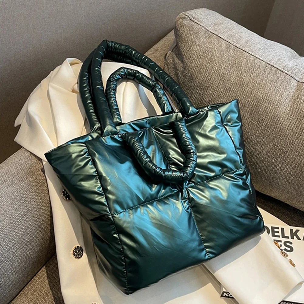 Feather Padded Ladies Quilted Shoulder Bag Women Large Capacity Tote Bags Space Cotton Handbag Shopper Bag250813