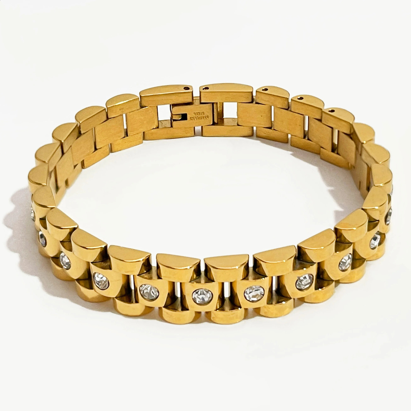 Perisbox Waterproof 18cm Stainless Steel Rhinestones PVD Gold Plated Thick Chain Bangle Bracelets Fashion Jewelry Women Bijoux 250814