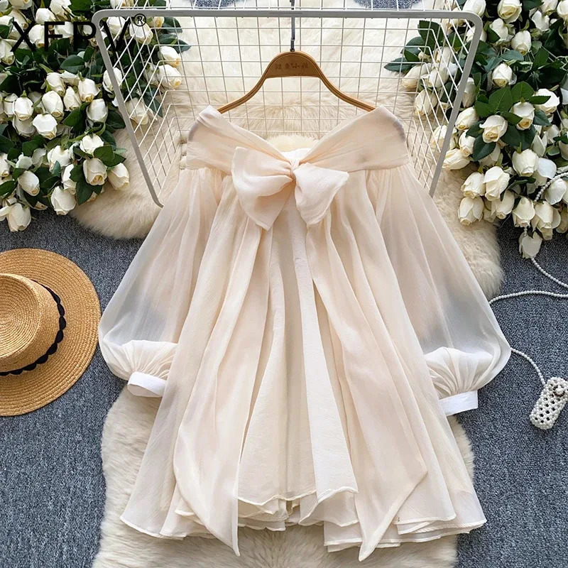 Robe en mailles épissé XFPV Femmes Fashion Fashion Bow N Garnières lanternelles Full Solide Big Big Umbrella Robes 22d1076 250808