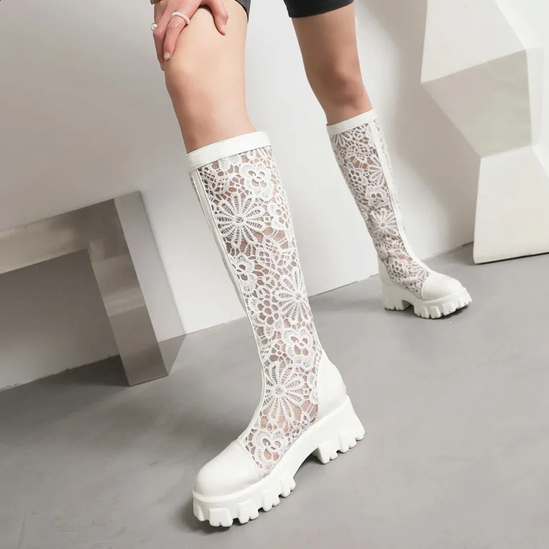 Womens Breathable Mesh Cool Boots Laces Mid Heels Woman Casual Hollow Knee High Boots White Summer Female Shoes Plus Size 34-43 250815