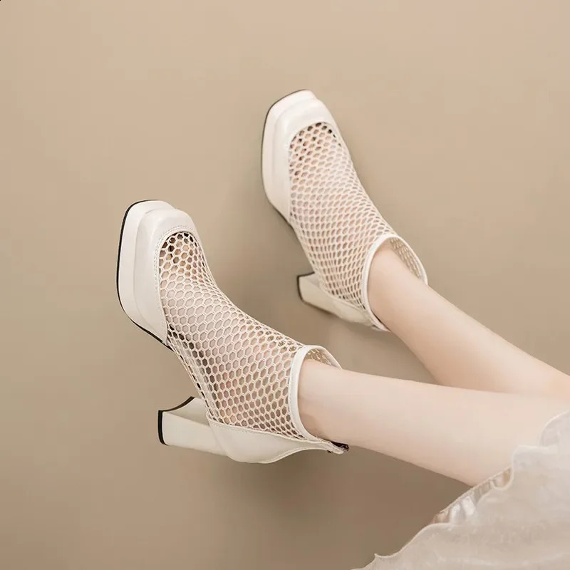 High Heel Cool Boots Summer Style Round Head Mesh Breathable Rear Zipper Waterproof Table Non-slip Ankle Boots 250814