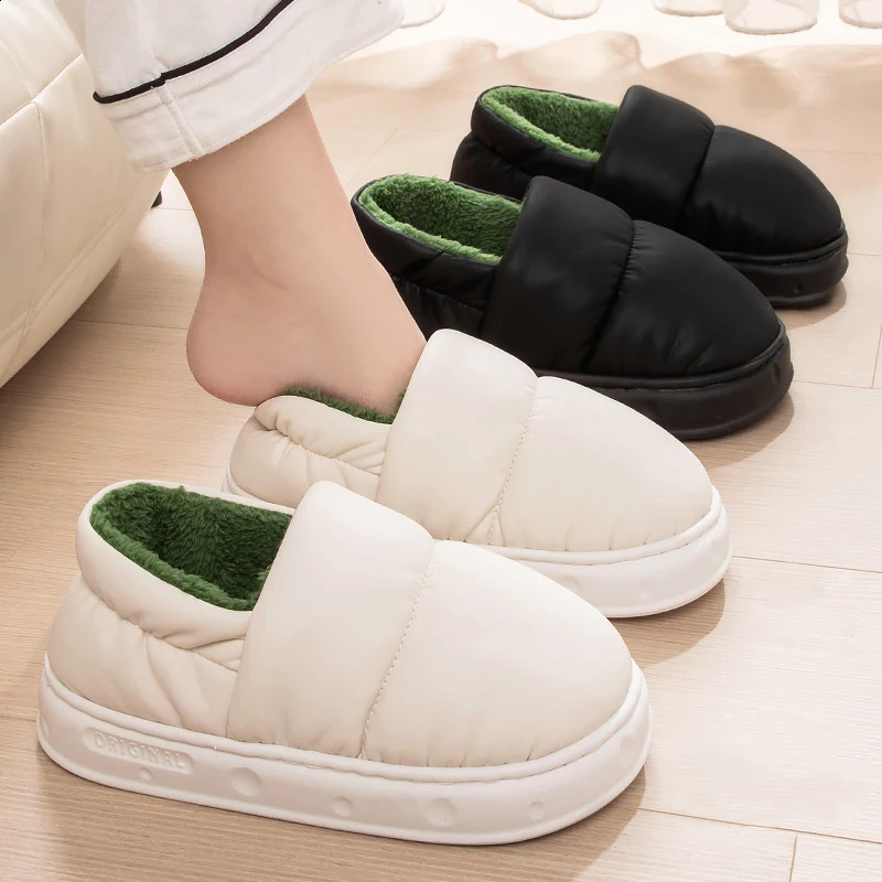 Feslishoet Men Winter Cotton Slippers Waterproof Anti Slip Thick Bottom Shoes Couple Home Use Plush Cotton Slippers Women 250814