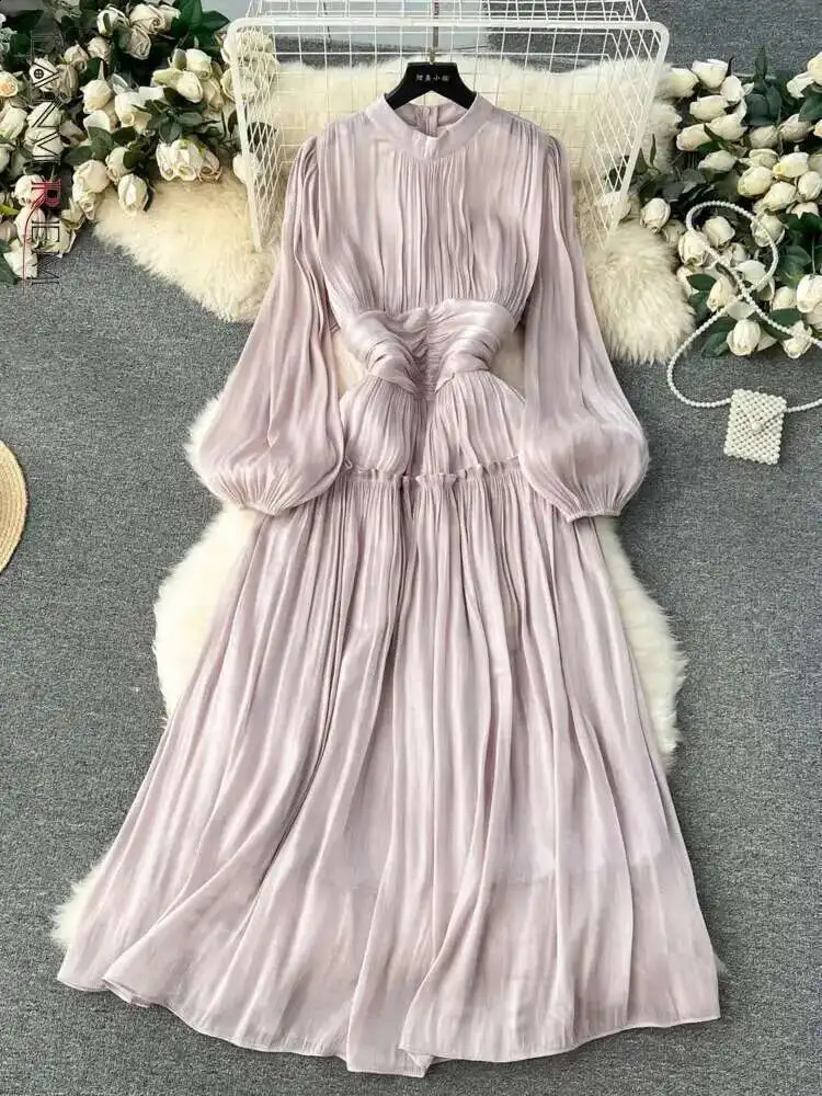 LANMREM Elegant Party Folds Long Dress Women Stand Collar Lantern Sleeves Gathered Waist A-line Dresses 32C1643 250808