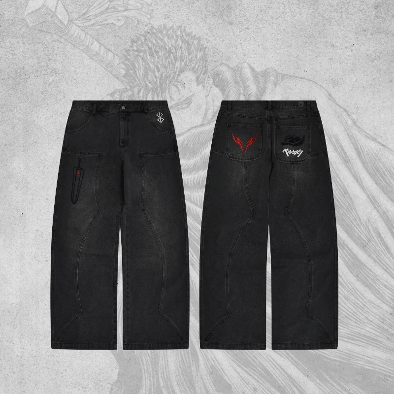 Berserk jeans fashionable Y2K baggy men pants American style distressed washed streetwear Harajuku Gothic embroidery floor 250809