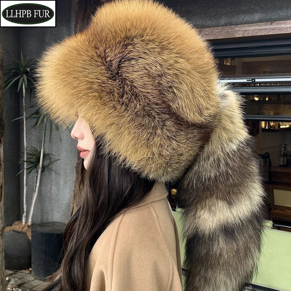 Winter Women Fashion Real Fur Hat Natural Fox Fur Hats Headgear Russian Outdoor Cap Ladies Thicken Warm Fur Caps250812