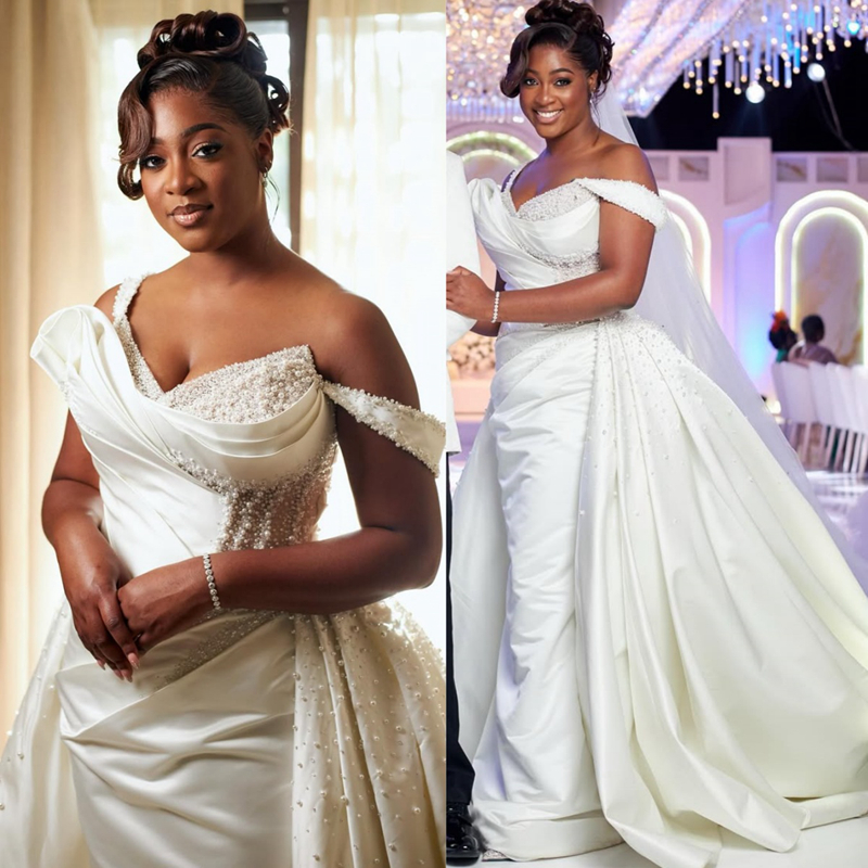 2025 Elegant African Wedding Dress Bridal Gowns For Bride Detachable Train Mermaid Satin Pearls Ruffles Wedding Gowns For Black Women D565