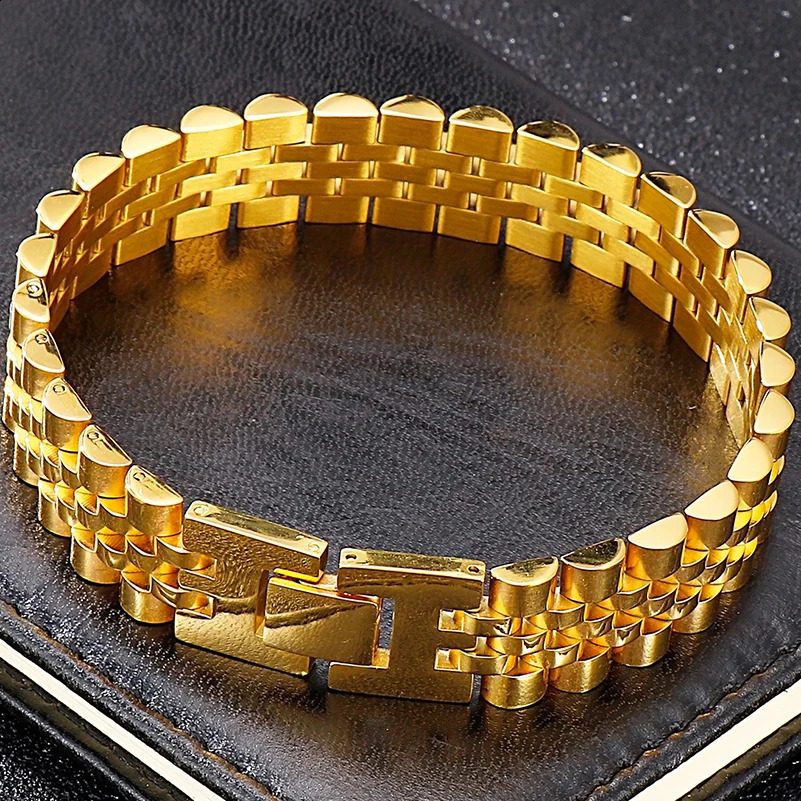 Gold Color Stainless Steel Men Bracelet for Women 15MM Wide Length Adjustable Chain Bracelets Mens Mannen Armband Wholesale 250814