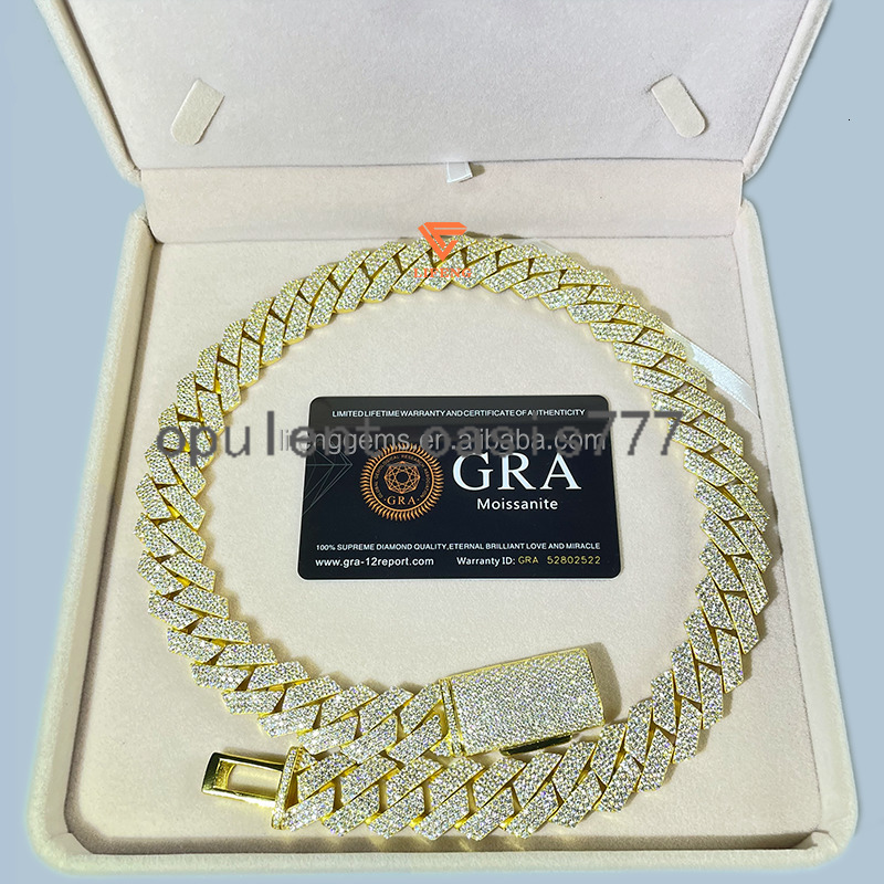 925 Silver Mens Hip Hop Style Necklace with VVS Moissanite Diamond Prong 15mm 3-Row Yellow Gold Cuban Link Chain GRA JEWELRY