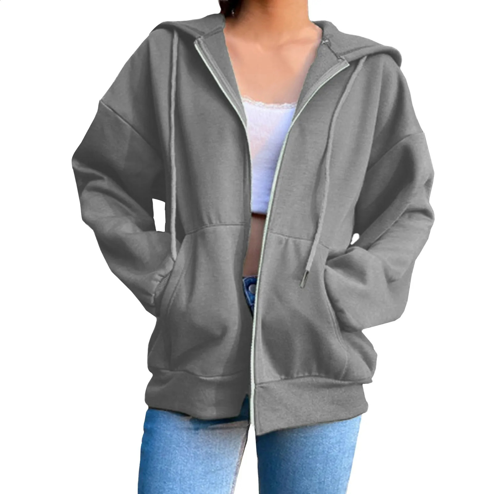 2024 Women Loose Hoodies Fashion Long Sleeve Zipper Hooded Sweatshirt Casual Autumn Winter Sportwear Solid Clothes 250805