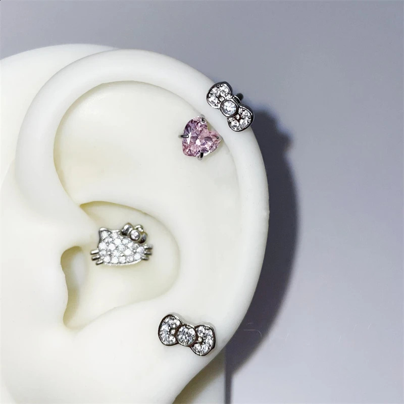 1PCS 12mm Bowknot Horseshoe Ring Stainless Steel Ear Bone Nail Shiny Screws Earrings Y2K tie Cochlea Piercing Body Jewelry 250811