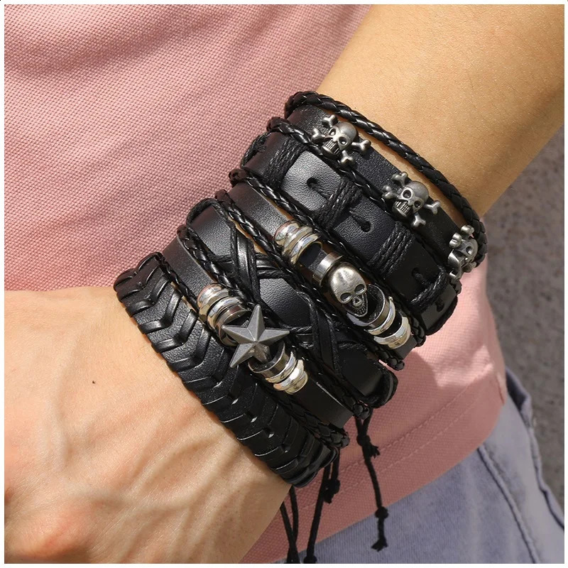 Punk Multilayer Antique Leather Bracelet Set Skull Eye Star Charms Hiphop Rock Y2K Vintage Pu Gothic Wristband Man Goth Jewelry 250812
