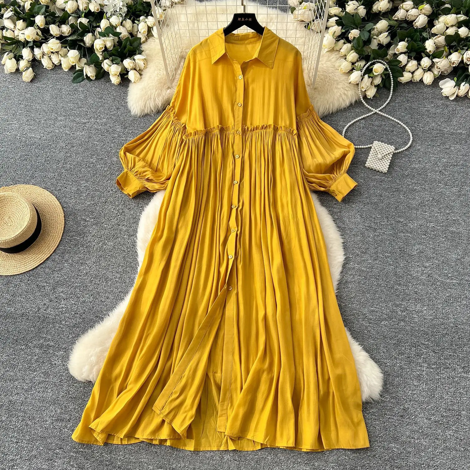 Pleated Dress Women Long Dresses A Line Vestidos Streetwear Lantern Sleeve Elegant Splice Y2k Single Breasted Loose Summer 2025 250808